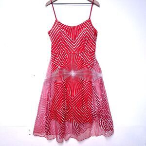 Vibrant Red & White Shimmer Geometric Patterned Midi Spaghetti Strap Dress XL